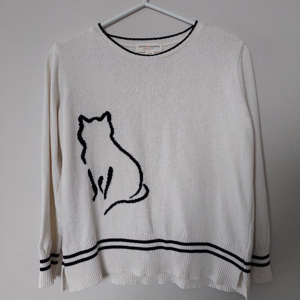 Cotton Country long-sleeved sweater cat graphic and striped trim, Women' S